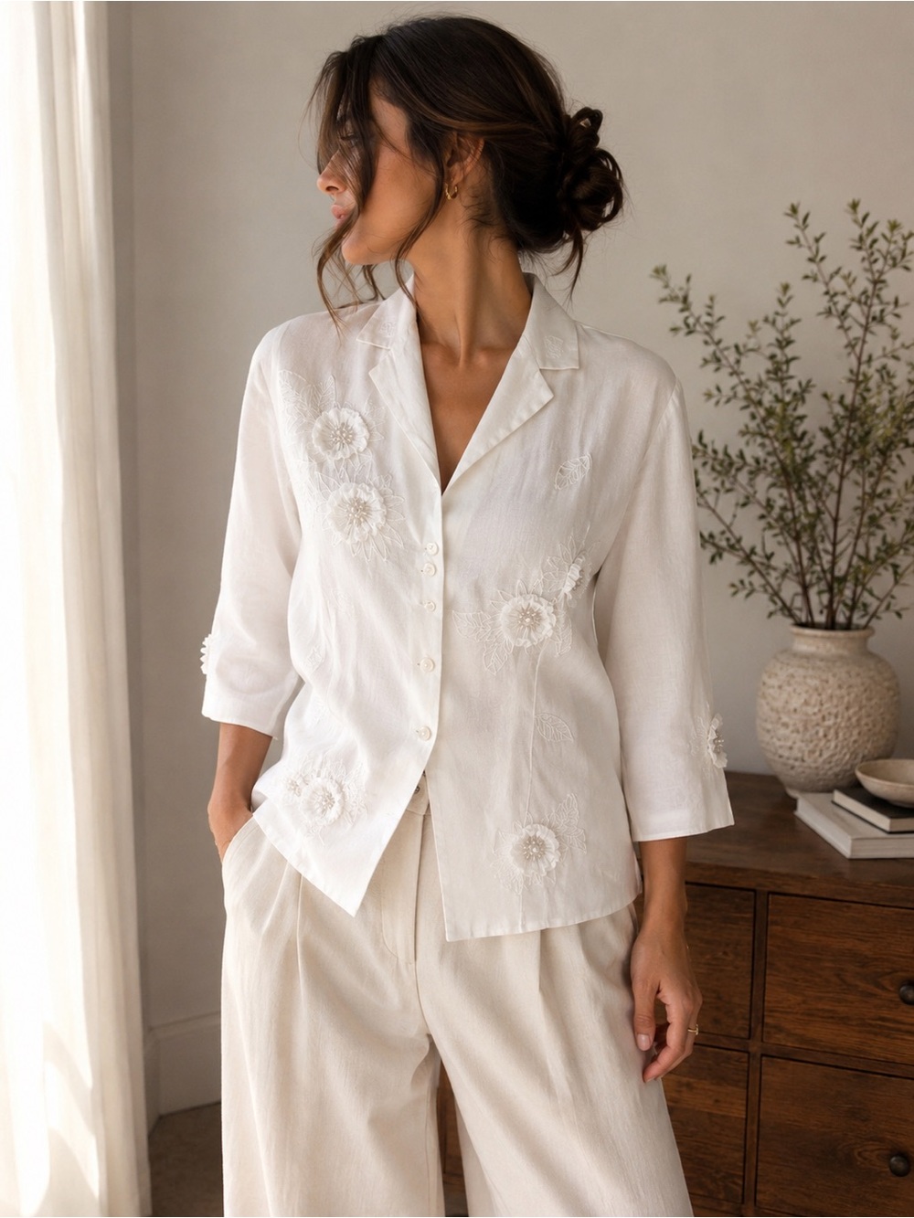 Anne Carson Vintage White Linen Floral Embroidered Blouse Size S